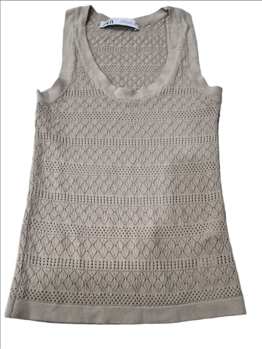 ZARA Beige Openwork Pointelle Knit Tank Top Crochet Mesh Scoop Neck Size XS